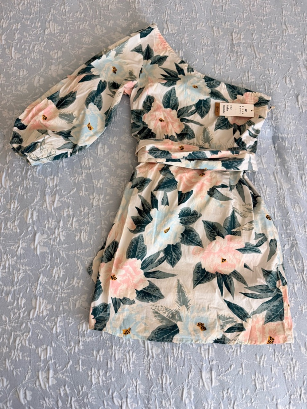NWT Billabong One-Shoulder Floral Mini Dress in Ivory with Pink & Teal Leaves
